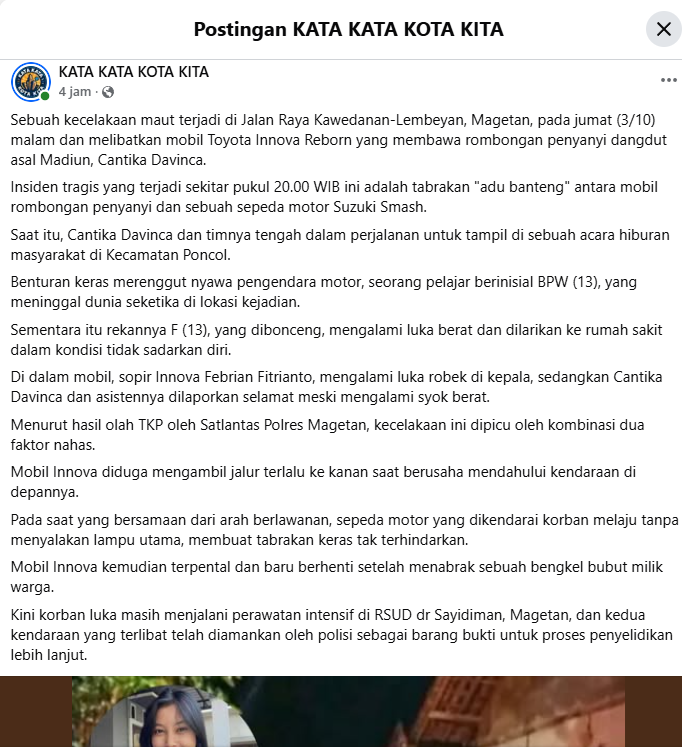Penyanyi Cantika Davinca kecelakaan
